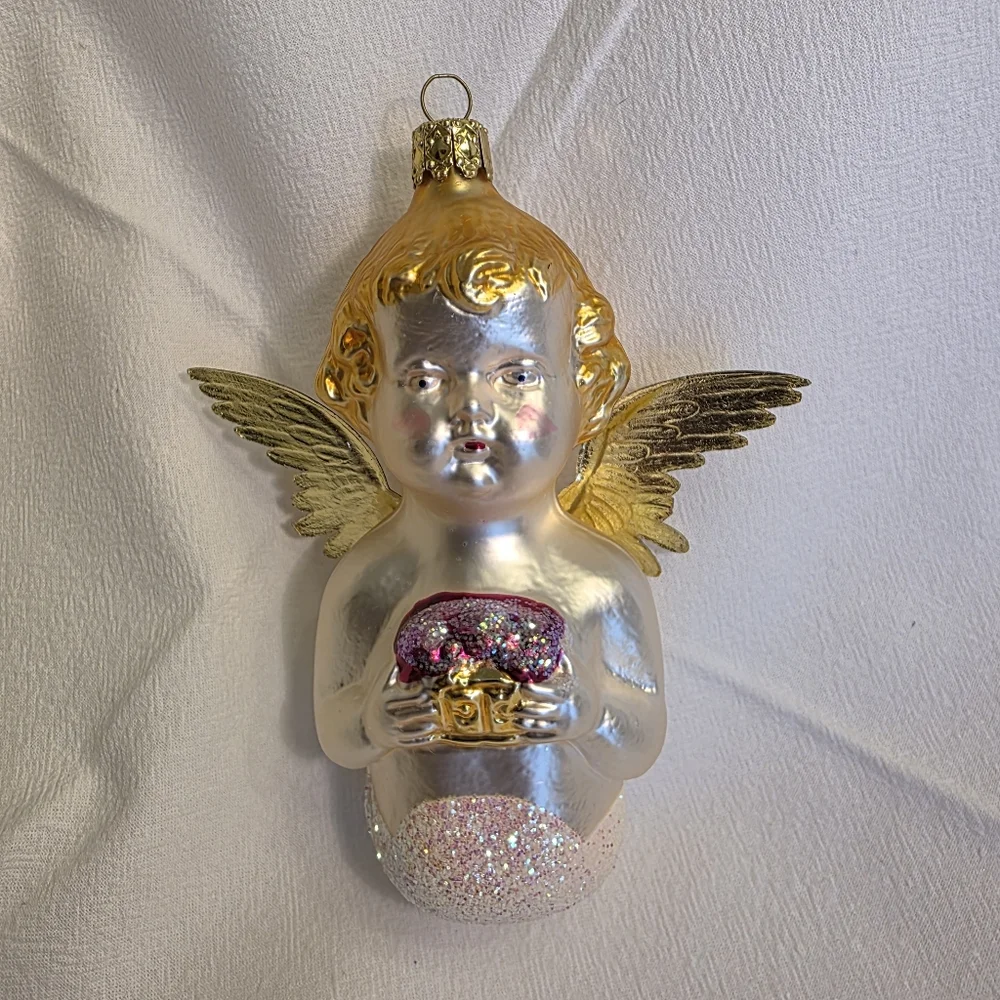 Vintage German Blown Glass Christmas Ornament Angel on a Cloud w Gold Wings EUC